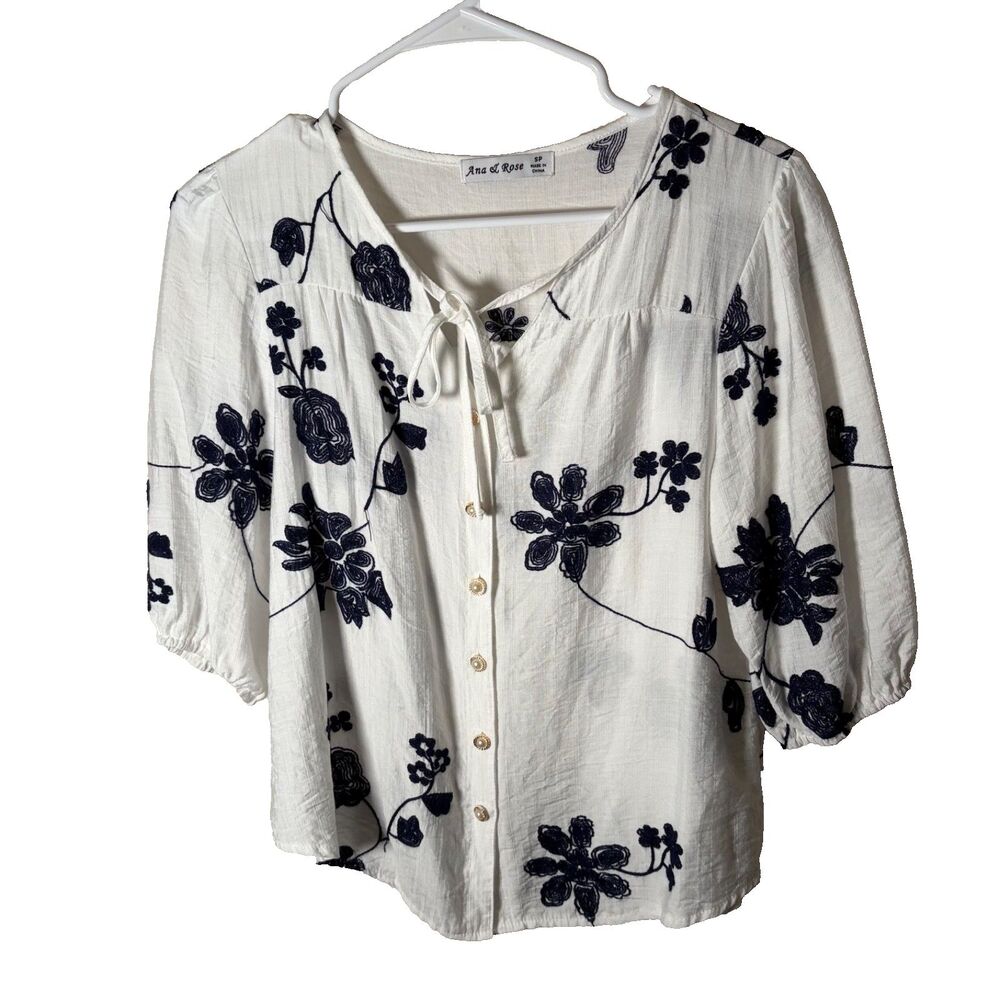Ana & Rose Blouse Women's Petite Small Blue Embroidered Floral Button Up Tie